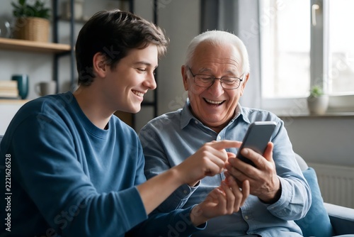 Happy teenage grandson showing smartphone to smiling senior
