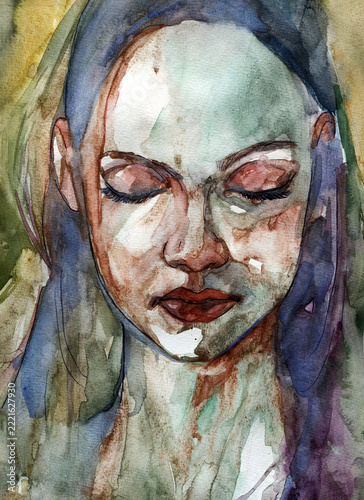 Ritratto espressionista ad acquerello di donna con occhi chiusi in meditazione, pittura artistica astratta con sfumature di verde, viola e terra per concetti di spiritualità, pace e malinconia