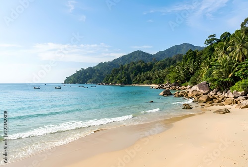 Tropical Rocky Beach with Turquoise Sea and Forested Hills