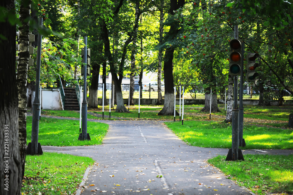 Fototapeta premium Peaceful Urban Park Intersection with Traffic Lights and Lush Greenery