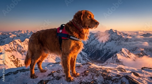 Ski Patrol Rescue Dog on Alpine Mountain Peak in Morning Alpenglow