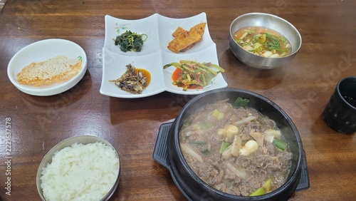 South Korean Food Ttukbaegi Bulgogi and Banchan
