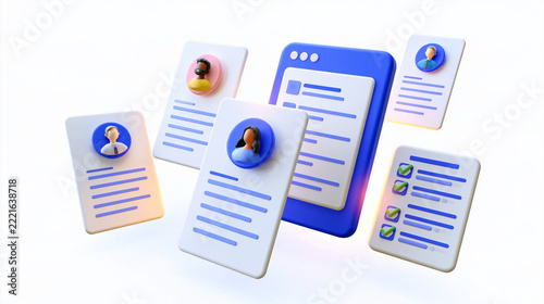 Clean 3d render of a floating hr platform interface with candidate profile cards an automated screening panel and a resume approval checklist AI human resource recruitment