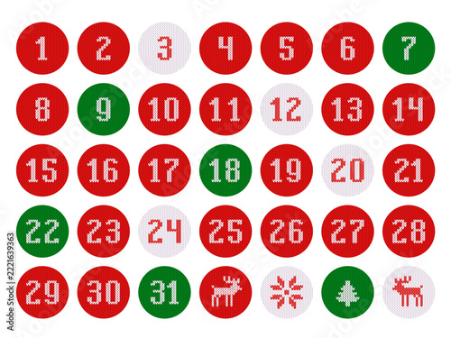 Christmas knitted stickers with numbers, December calendar, Advent. Vector illustration, use for decorating gifts and greetings.