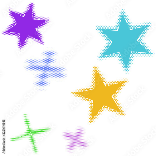 Colorful stars and crosses floating in sky