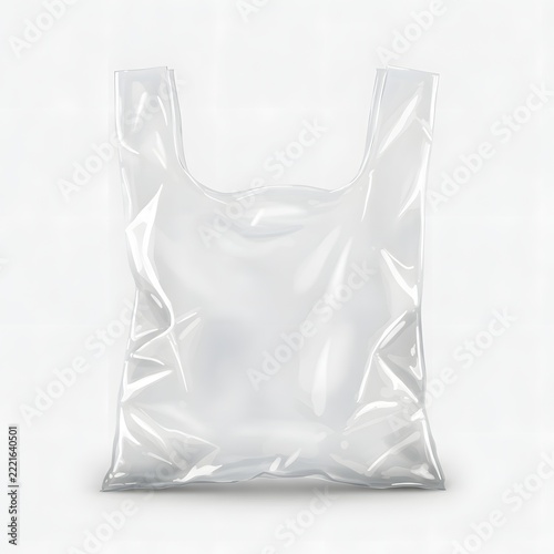 A photorealistic image of an empty, transparent plastic shopping bag with handles, standing upright against a plain white background. The bag is slightly crinkled and shows subtle reflections of light