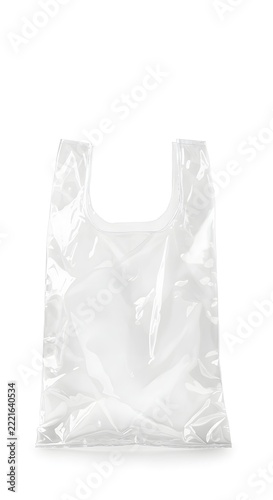 A transparent plastic shopping bag with handles, isolated on a white background. The bag is slightly creased and shows some reflections on its surface.
