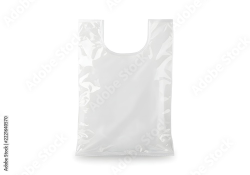 A clear plastic shopping bag, empty and slightly crinkled, with two cut-out handles at the top. The bag is depicted against a plain white background.
