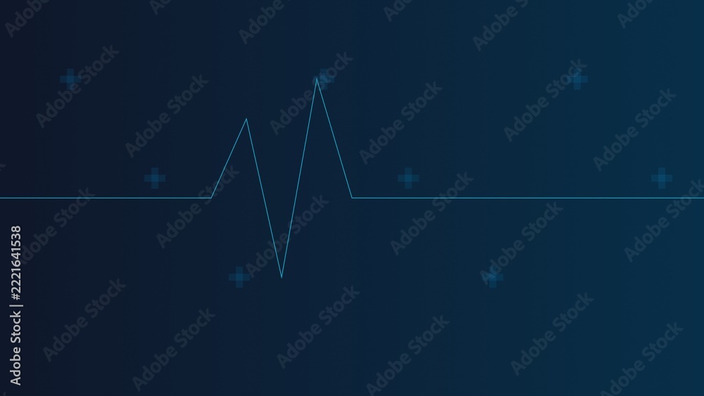 Fototapeta premium A blue heartbeat line graph on a dark blue background, with small plus, signs scattered around, representing medical or, health monitoring data