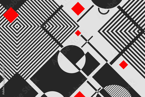 Abstract geometric pattern in monochrome style, featuring a dynamic composition of black and white shapes, stripes, circles, and squares inspired by bauhaus and op-art design.