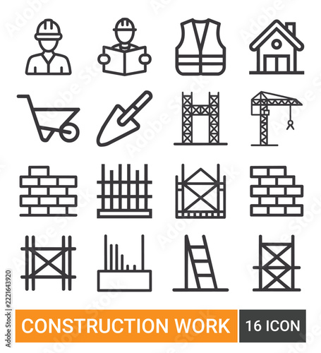 Construction work and building site worker linear icon set