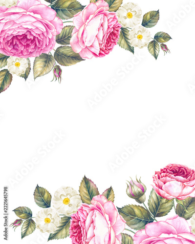 Bouquet of rose. Invitation card for wedding, birthday and other holiday and summer background. Botanical illustration.