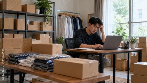 Frustrated Young Asian Online Business Owner Analyzing Laptop Sales Performance Amidst Unopened Packaged Products, Representing the Struggles of Low Sales in E-commerce Business Ventures
