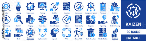 Kaizen icon set. Collection of agile, learning, improvement, testing, workflow, evaluation, kaizen, and pdca icons. Editable vector collection. 