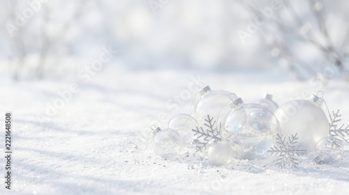 Frosted glass baubles and delicate snowflakes on winter snow for