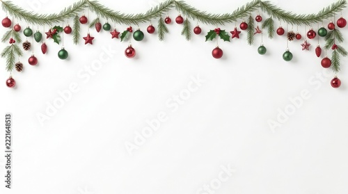 Festive green garland with red green baubles stars and pine cones