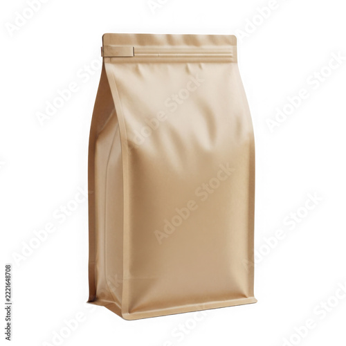 Brown paper coffee or tea bag standing upright isolated on transparent background