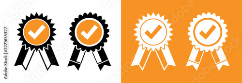 Set of four award ribbon icons with check mark symbols in black and orange colors, vector illustration for quality assurance or certification