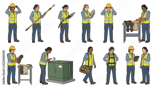 Female utility technicians wearing safety vests handling equipment work.