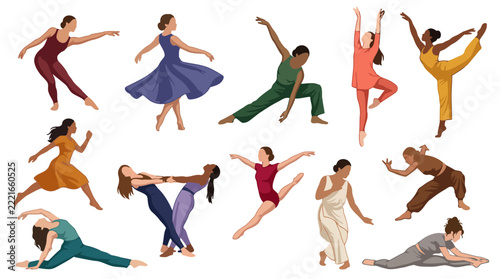 Expressive dancers perform contemporary movements and artistic poses.