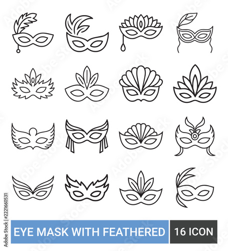Carnival eye mask with feather line icon set