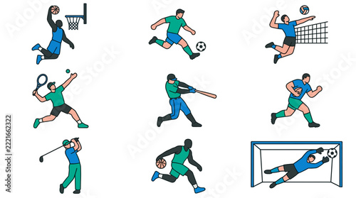 Set of athletic figures depicting various popular sports activities including ball games and team competition icons