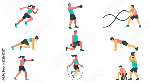 Set of Diverse Fitness People Performing Various Exercises and Athletic Training Movements for Healthy Lifestyle