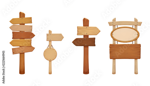 A collection of rustic wooden signposts, directional arrows, and notice boards with realistic timber textures for outdoor and navigation graphics.