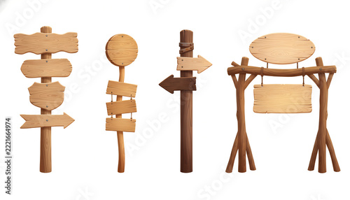 A set of rustic wooden signposts, directional arrow boards, and hanging sign structures made from natural log posts and timber planks.