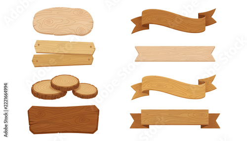 A complete collection of rustic wooden design elements, featuring flowing ribbon banners, tree trunk cross-sections, wooden planks, and blank signboards with natural wood textures.