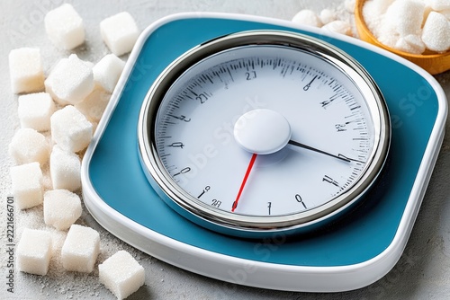Bathroom scale with sugar cubes and granulated sugar highlighting sugar consumption and weight management