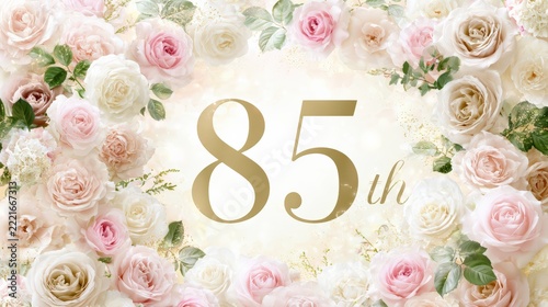 Elegant birthday greeting card for 85th birthday with roses and golden number design