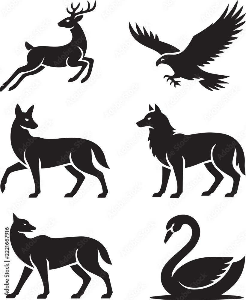 Obraz premium Black and white forest animals vector icons Vector