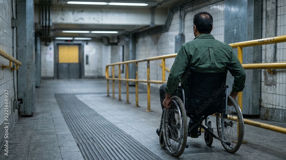 Obraz premium Wheelchair user takes accessible underground transfer route