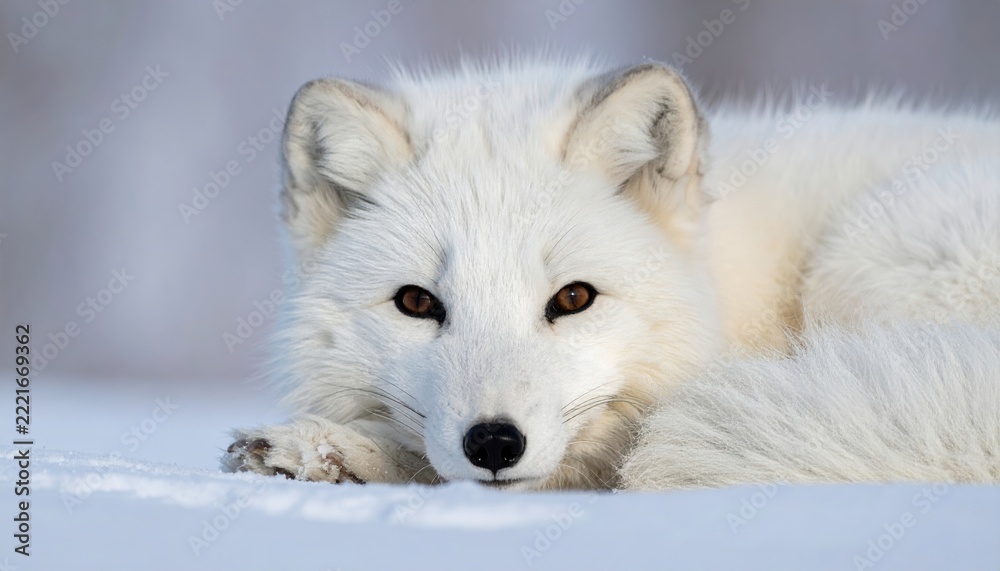 Fototapeta premium Fluffy white Arctic fox with brown eyes resting peacefully, wildlife portrait