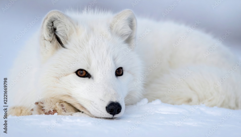 Fototapeta premium Fluffy white Arctic fox with brown eyes resting peacefully, wildlife portrait