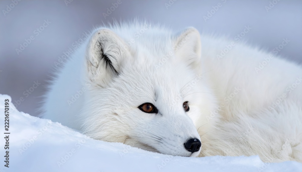 Fototapeta premium Fluffy white Arctic fox with brown eyes resting peacefully, wildlife portrait
