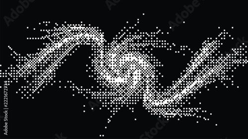 Dithered black and white with a swirling, wave-like pattern composed of small square pixels and scattered dot clusters