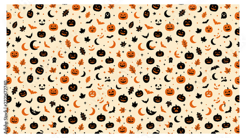 Seamless Halloween Pumpkin and Bat Pattern Flat Vector_26