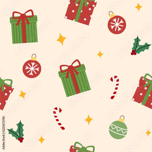 Christmas Seamless Pattern with Gifts, Ornaments and Candy Canes