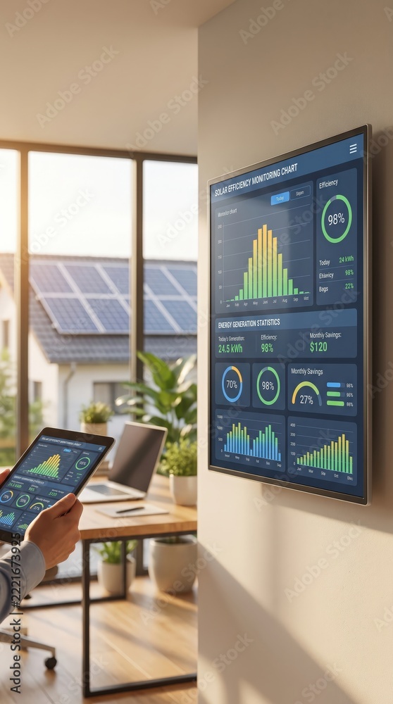 Naklejka premium Digital tablet displays solar power generation statistics on a table near a window, renewable energy monitoring, smart home, clean technology, energy efficiency.