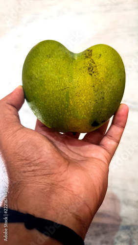 Person Holding Unique Heart Shaped Raw Green Mango