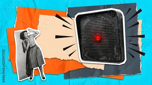 Collage of vintage speaker with red light and frightened woman cutout on torn paper   