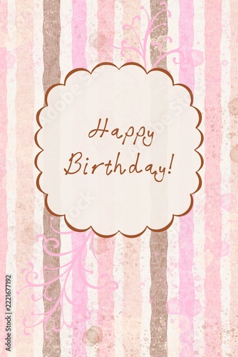 Happy Birthday Greeting Card with Pink Stripes, Vintage Decorative Frame and Flourishes