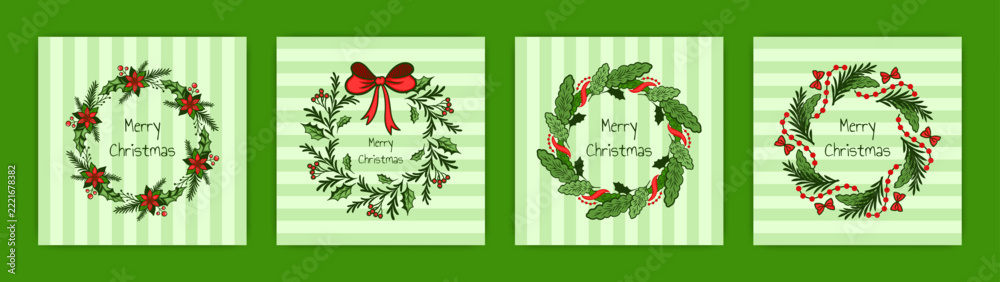 Fototapeta premium Christmas wreath cards set. Hand drawn holiday greeting templates with evergreen branches, berries and bows on striped background, festive decorative frame. Vector cartoon flat illustration