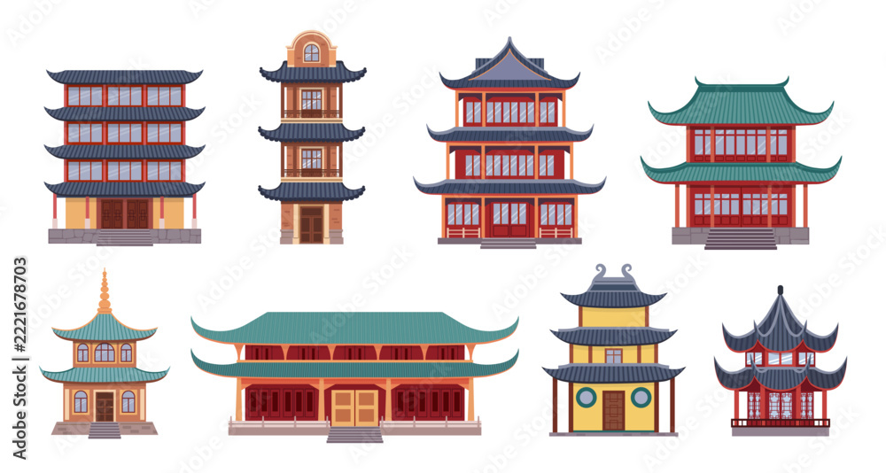 Naklejka premium Chinese temple. China house building, korean or japanese ancient pagoda. Japanese or taiwan city style. Traditional pagoda style facades with curved roof, city landmark. Vector illustration