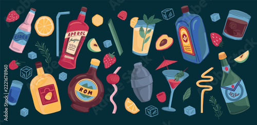 Cocktail drink. Retro summer alcohol party, fruit and liquor in rum shaker or doodle mojito beverage for trendy bar. Ingredients for mixing cold ice soda. Vector cartoon flat isolated set