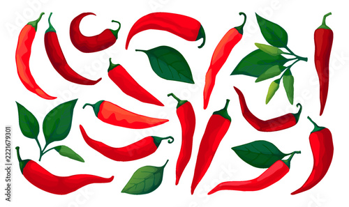 Chili pepper. Red spicy mexican icon, paprika symbol shape or fresh vegetable chile cook. Hand drawn spicy vegetables with green leaves. Vector cartoon flat isolated illustration