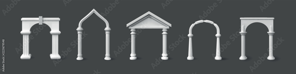 Naklejka premium Arch gate. Roman door, 3d pillar, greek royal castle church. White Roman entrance, baroque palace architecture, traditional building facade, interior entrance. Vector isolated realistic set