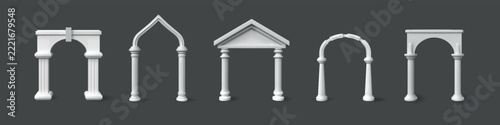 Arch gate. Roman door, 3d pillar, greek royal castle church. White Roman entrance, baroque palace architecture, traditional building facade, interior entrance. Vector isolated realistic set